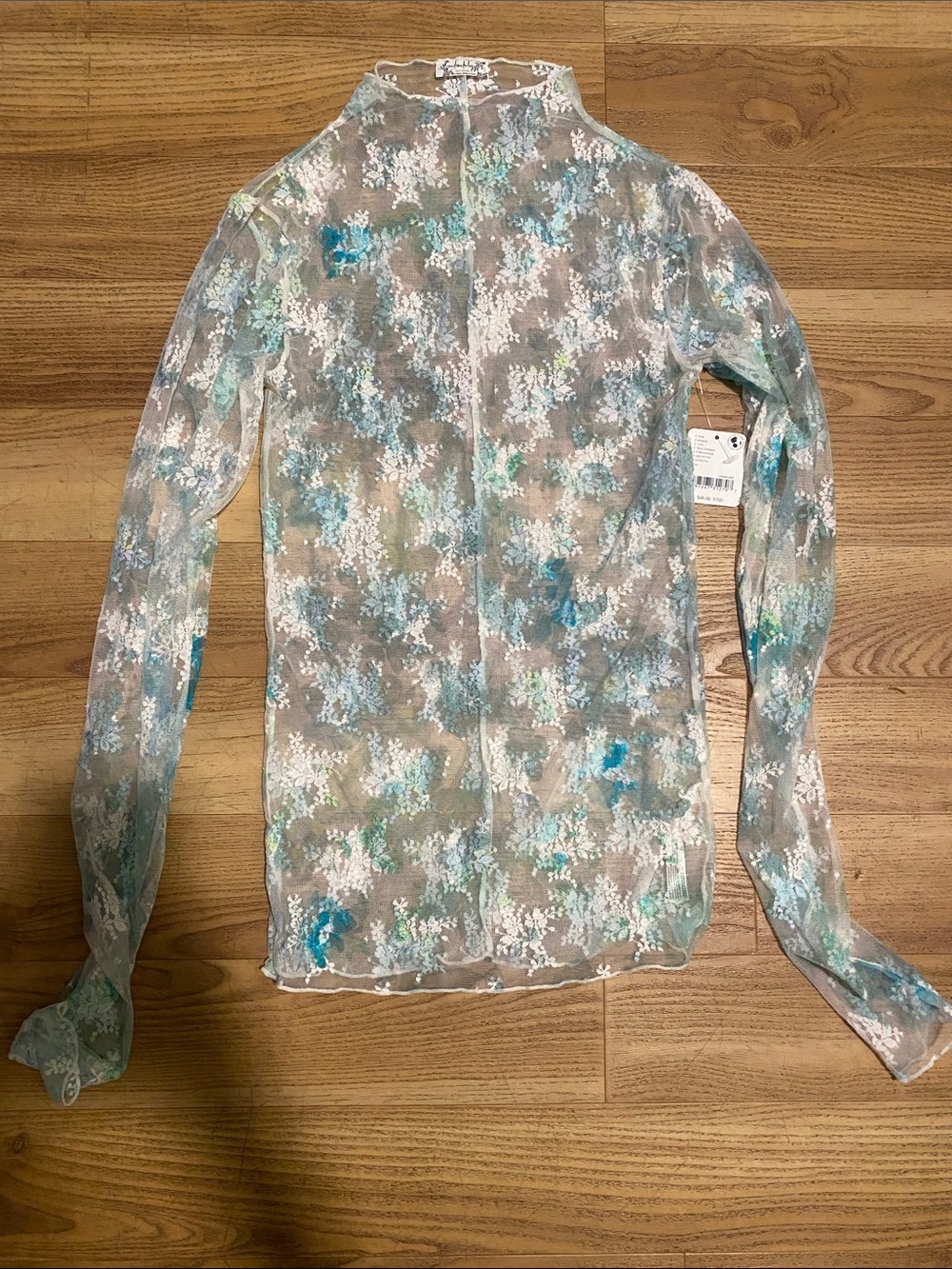 NWT Free People Sheer Floral Long Sleeve Mock Neck Top - Teal/White. Size small